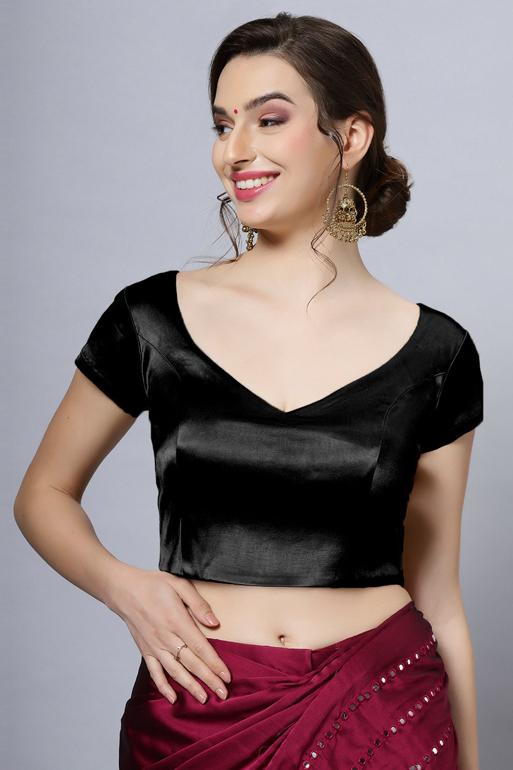 Mena Black Satin Comfort Stretch Leaf Neck Short Sleeve Blouse Online One Minute Saree ONE MINUTE SAREE INDIA