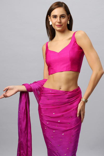 Buy Jolie Magenta Chinon Silk Sarong Saree with Gold Sequin Online - Side