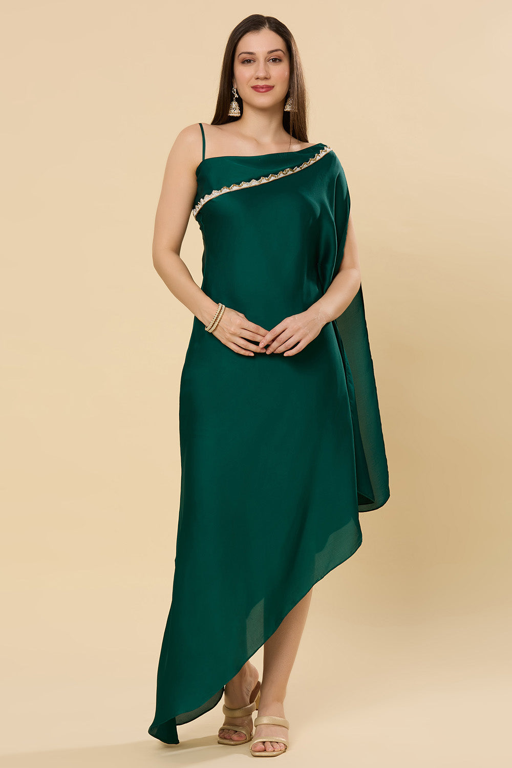 green dress online india Buy Isla Emerald Green Satin Shoulder Drape Saree Dress Online