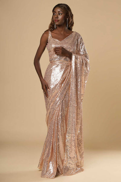 Buy Ciara Rose Gold Luxe Shiny Sequins One Minute Saree Online - One Minute Saree