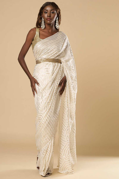 Buy Charlize Luxe Cream Geometric Sequins Georgette One Minute Saree Online - One Minute Saree