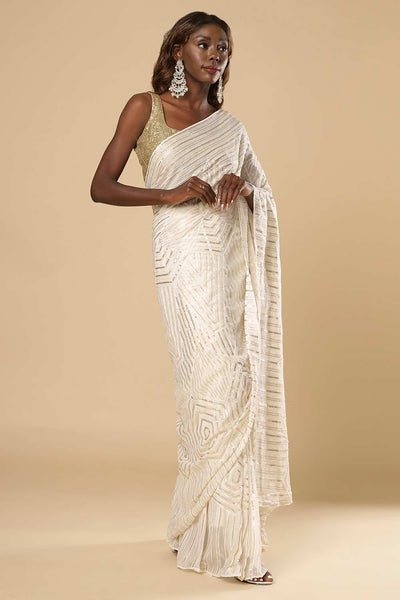 Buy Charlize Luxe Cream Geometric Sequins Georgette One Minute Saree Online - Back