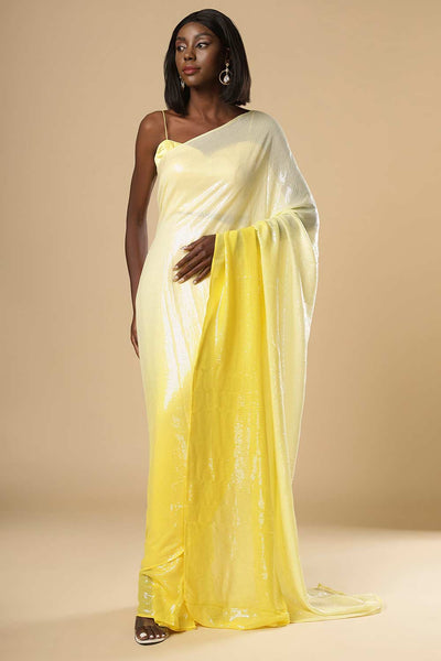Buy Sana White & Yellow Ombre Sequins One Minute Saree Online - One Minute Saree