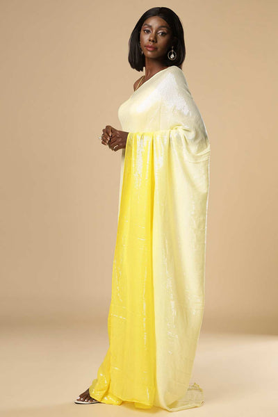 Buy Sana White & Yellow Ombre Sequins One Minute Saree Online
