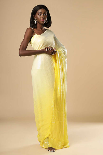 Buy Sana White & Yellow Ombre Sequins One Minute Saree Online - Back