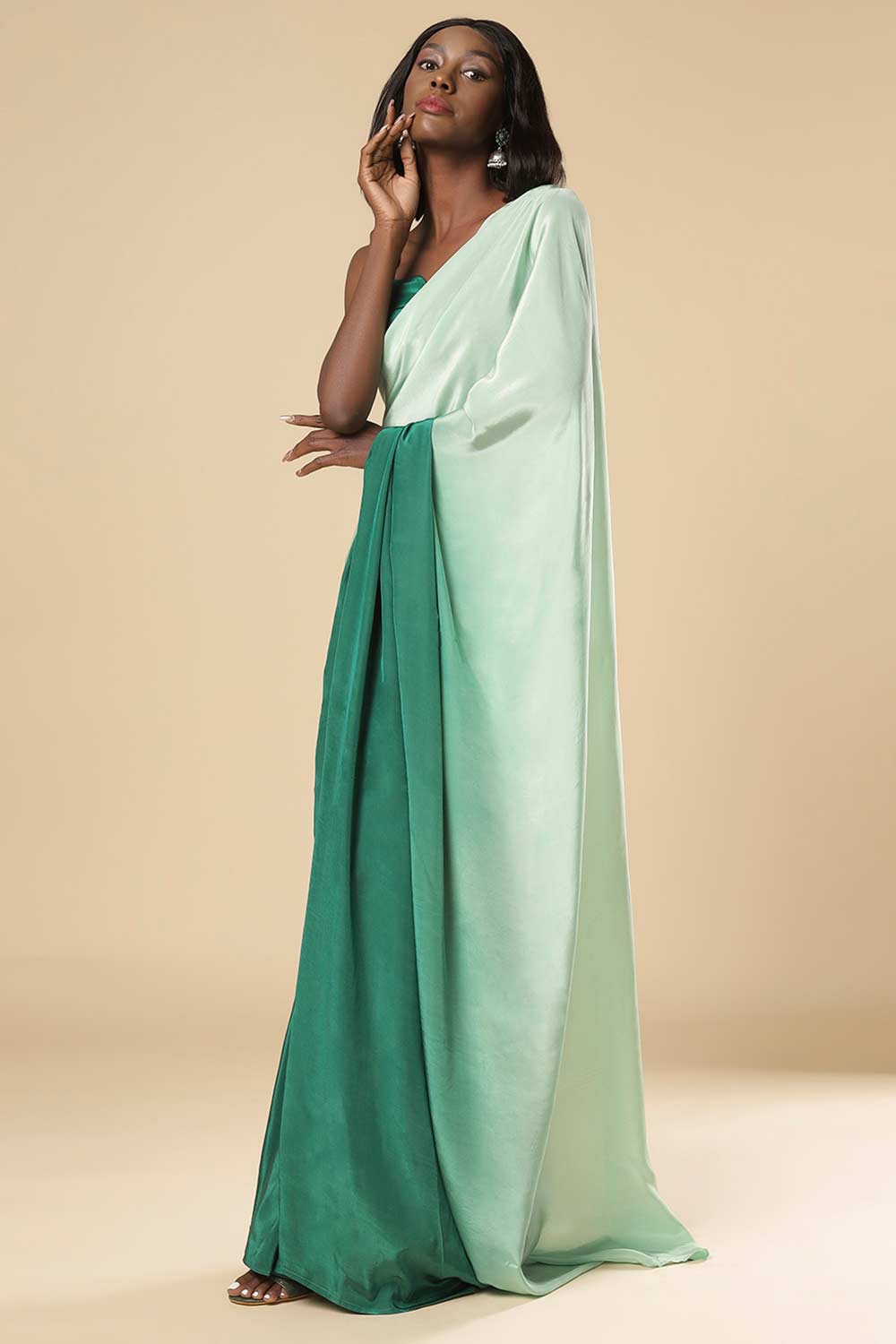 Buy Cerah Green & Mint Ombre Satin One Minute Saree Online