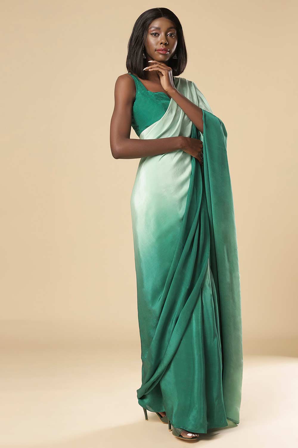 Buy Cerah Green & Mint Ombre Satin One Minute Saree Online - Back