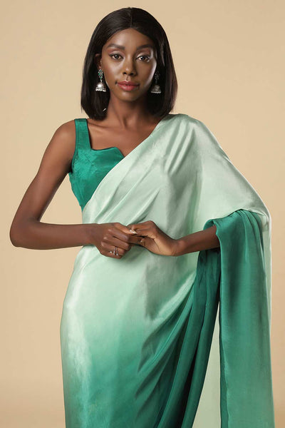 Buy Cerah Green & Mint Ombre Satin One Minute Saree Online - Front