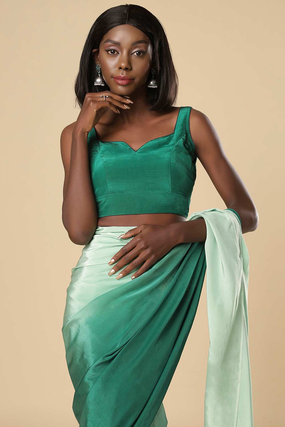 Buy Cerah Green & Mint Ombre Satin One Minute Saree Online - Side