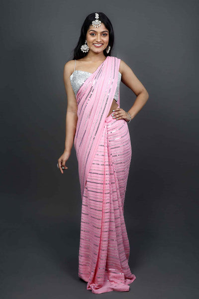 Buy Puja Pink Georgette Silver Sequins One Minute Saree Online - One Minute Saree