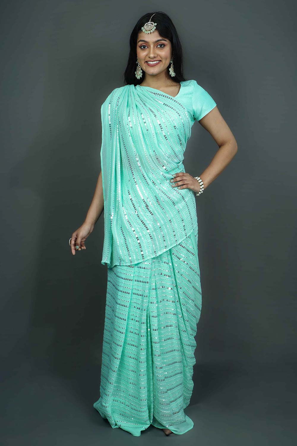 Buy Ariel Turquoise & Silver Sequins One Minute Saree Online - Back