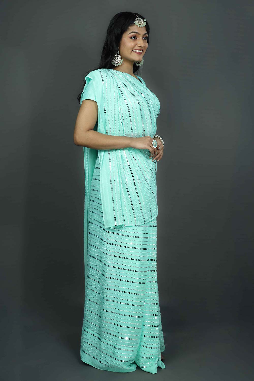 Buy Ariel Turquoise & Silver Sequins One Minute Saree Online - Front