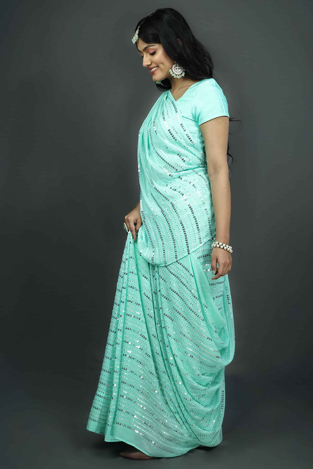 Buy Ariel Turquoise & Silver Sequins One Minute Saree Online - Side