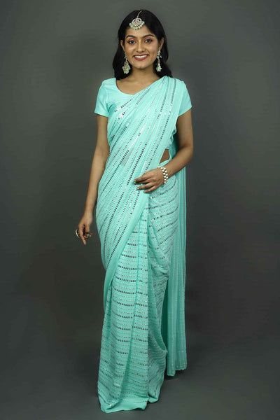 Buy Ariel Turquoise & Silver Sequins One Minute Saree Online - One Minute Saree
