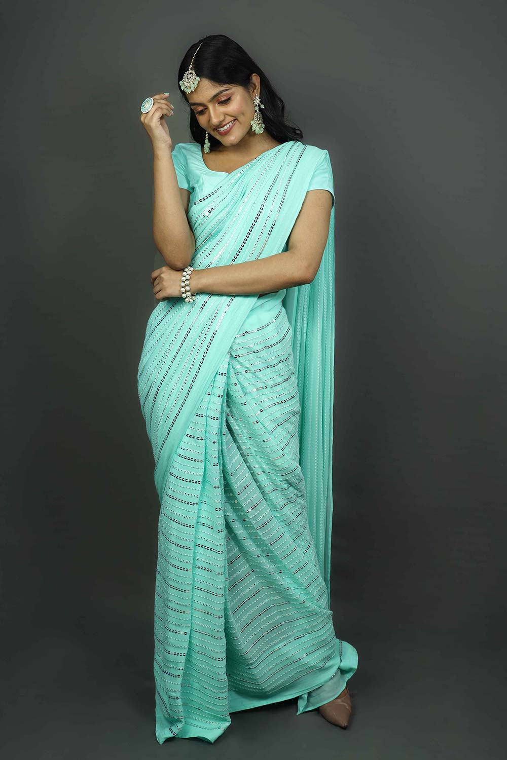 Buy Ariel Turquoise & Silver Sequins One Minute Saree Online - Zoom In