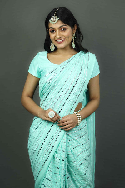 Buy Ariel Turquoise & Silver Sequins One Minute Saree Online - Zoom Out