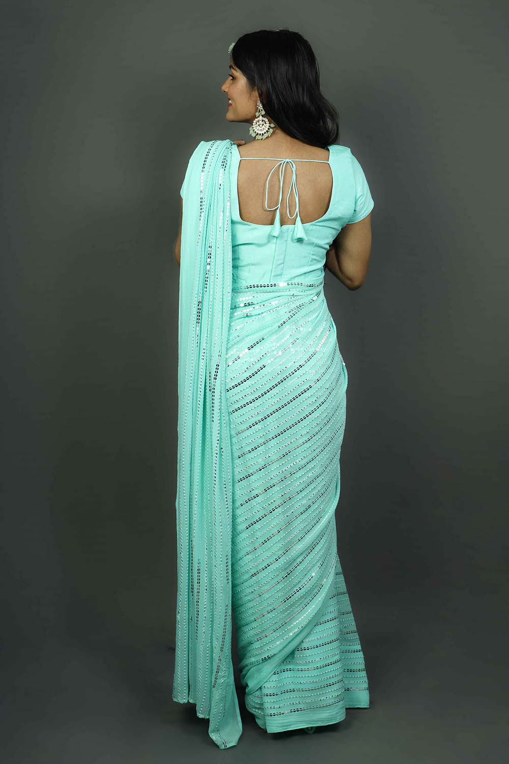 Shop Ariel Turquoise & Silver Sequins One Minute Saree at best offer at our  Store - One Minute Saree
