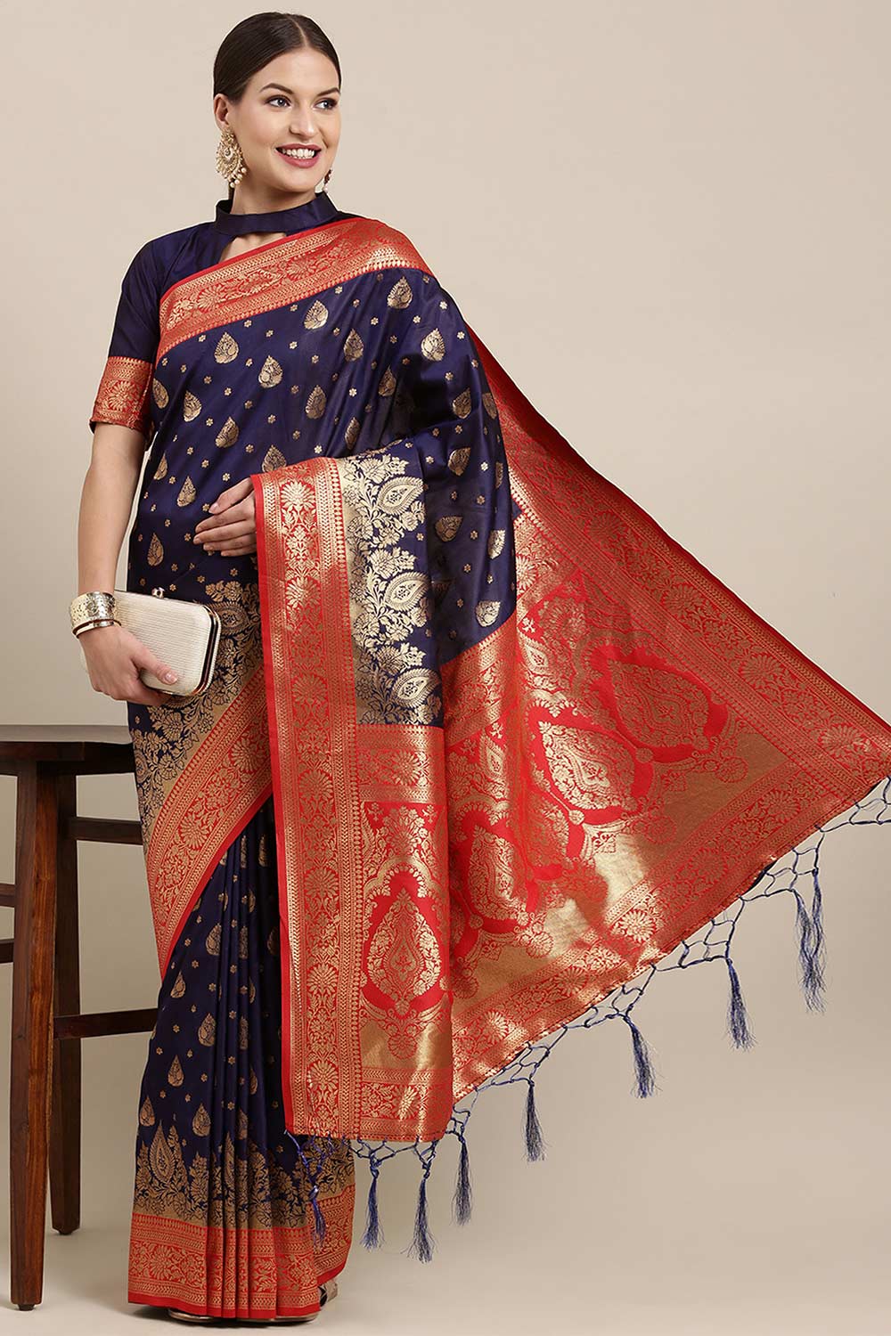 Buy Naina Navy Blue Kanjivaram Silk One Minute Saree Online