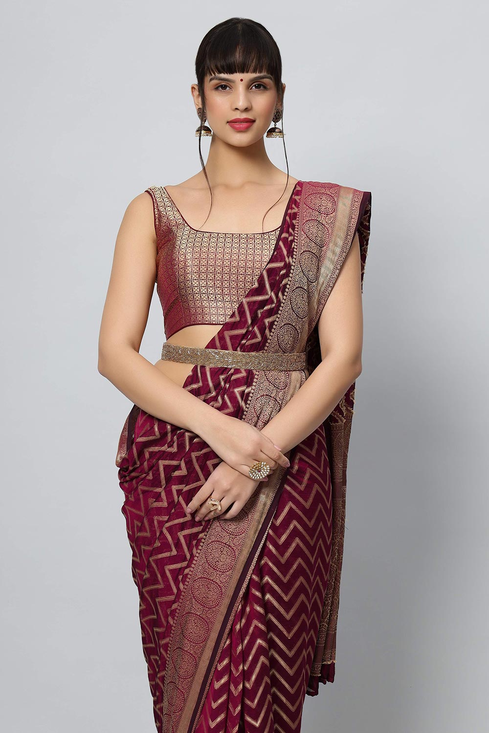 Buy Lucia Wine Gold Zigzag Embroidered Light One Minute Saree Online