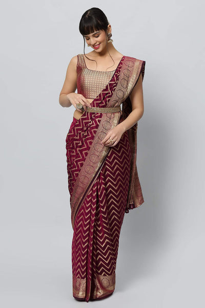 Buy Lucia Wine Gold Zigzag Embroidered Light One Minute Saree Online - Back