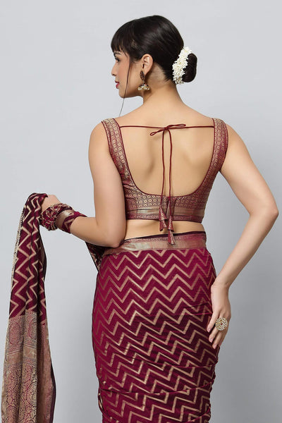 Buy Lucia Wine Gold Zigzag Embroidered Light One Minute Saree Online - Side