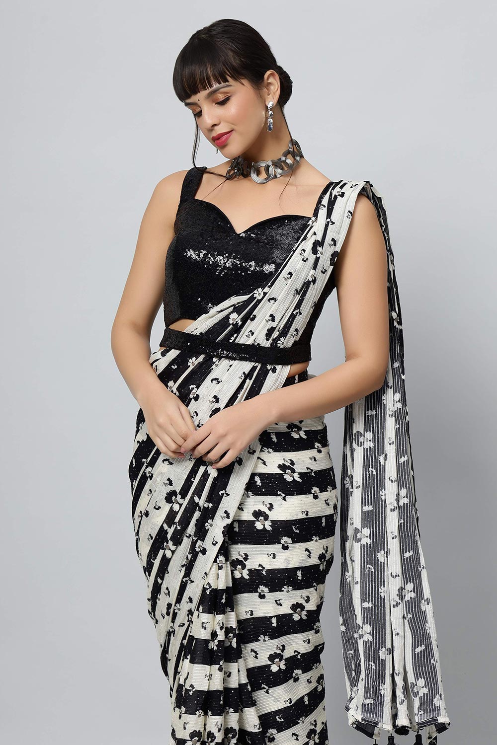 Buy Mira Black & Off-White Stripes Georgette with Sequins One Minute Saree Online