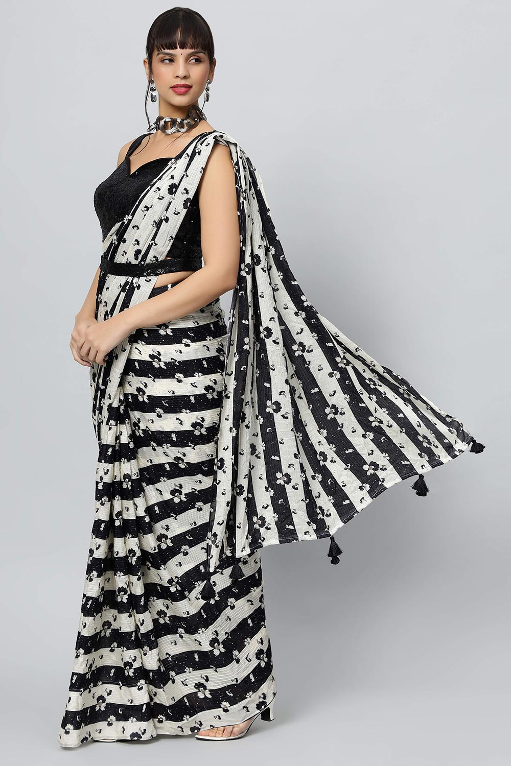 Buy Mira Black & Off-White Stripes Georgette with Sequins One Minute Saree Online - Back