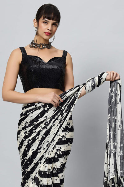 Buy Mira Black & Off-White Stripes Georgette with Sequins One Minute Saree Online - Front