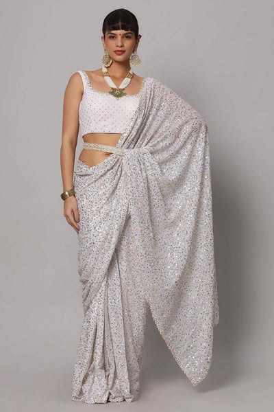 Buy Salma Pearl White Sequins Embroidery Faux Georgette One Minute Saree Online - One Minute Saree