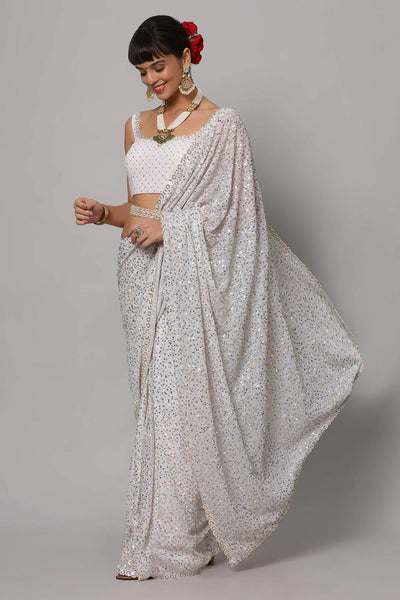 Buy Salma Pearl White Sequins Embroidery Faux Georgette One Minute Saree Online - Back