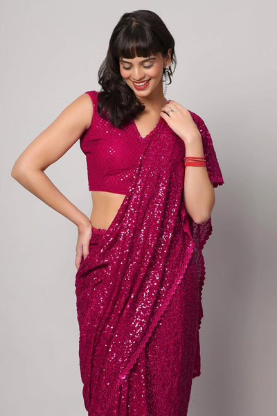 Buy Tasha Pink Sequins Embroidery Faux Georgette One Minute Saree Online