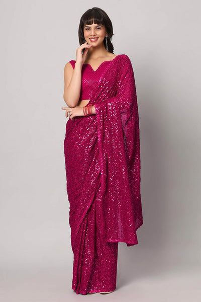 Buy Tasha Pink Sequins Embroidery Faux Georgette One Minute Saree Online - One Minute Saree