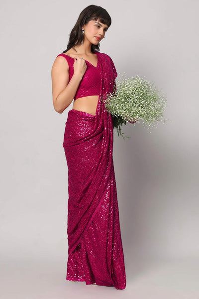 Buy Tasha Pink Sequins Embroidery Faux Georgette One Minute Saree Online - Back