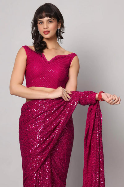 Buy Tasha Pink Sequins Embroidery Faux Georgette One Minute Saree Online - Front