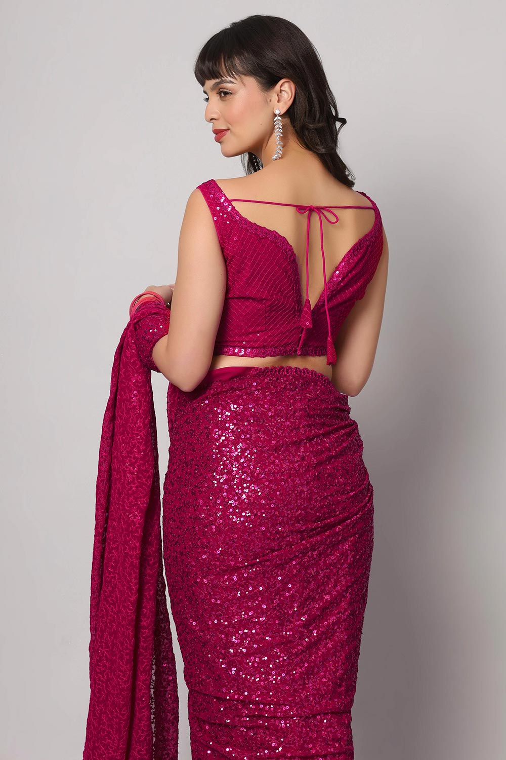 Buy Tasha Pink Sequins Embroidery Faux Georgette One Minute Saree Online - Side