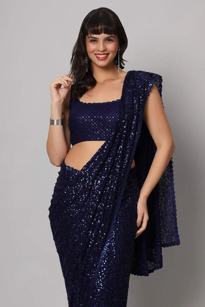 Buy Jesse Royal Blue Sequins Embroidery Faux Georgette One Minute Saree Online
