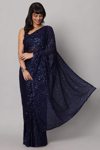 Buy Jesse Royal Blue Sequins Embroidery Faux Georgette One Minute Saree Online - One Minute Saree