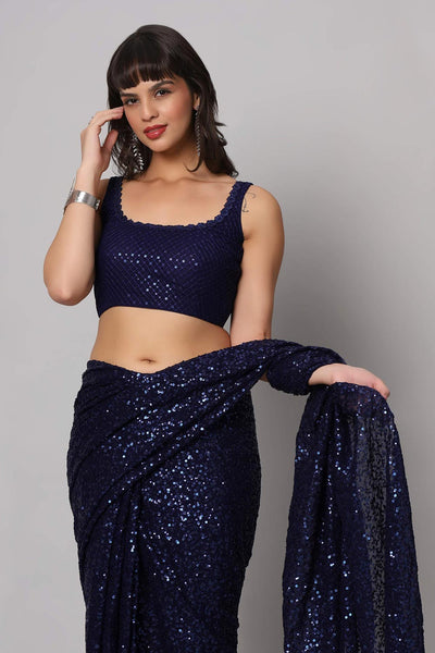 Buy Jesse Royal Blue Sequins Embroidery Faux Georgette One Minute Saree Online - Front