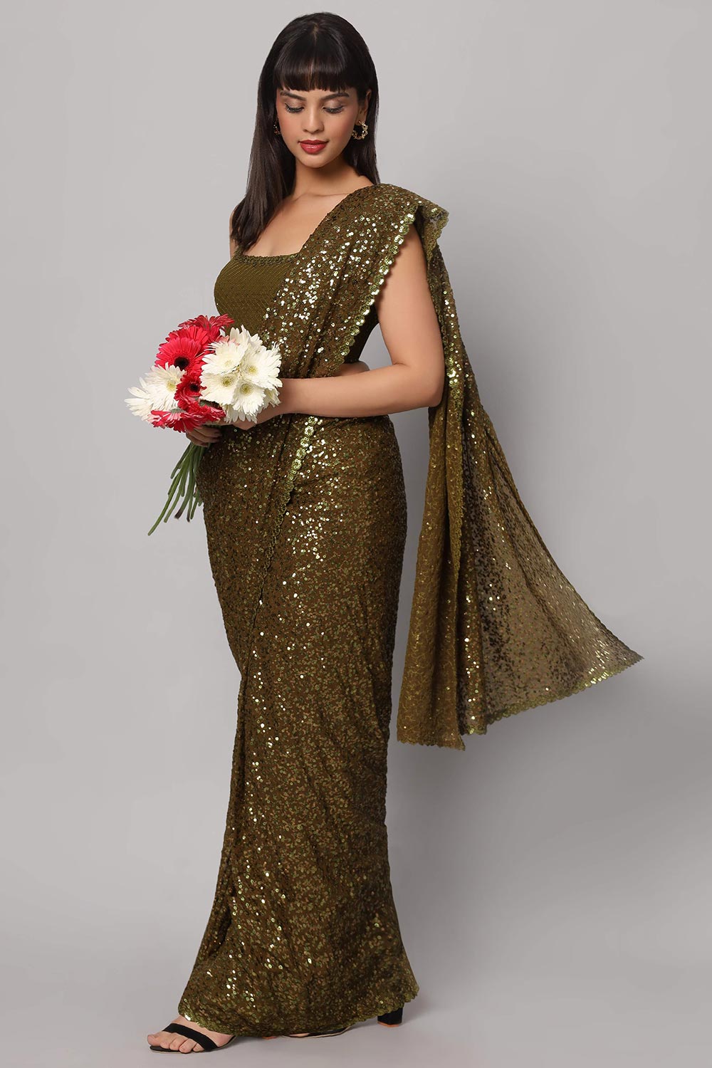Buy Mehandi Sequins Embroidery Faux Georgette One Minute Saree Online - Back