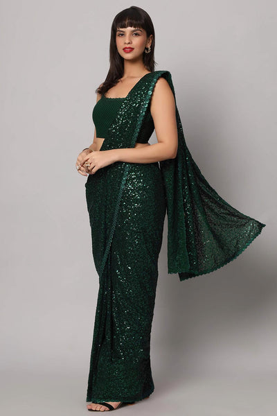 Buy Mia Green Sequin Embroidery Faux Georgette One Minute Saree Online - One Minute Saree
