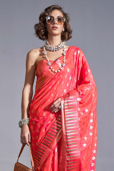 Shop Kayna Coral Kanoi Silk Foil Print Stripe One Minute Saree at best offer at our  Store - One Minute Saree