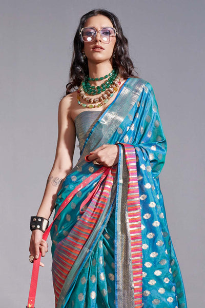 Shop Nadya Teal Kanoi Silk Foil Print Stripe One Minute Saree at best offer at our  Store - One Minute Saree