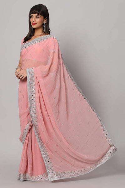 Buy Aaliya Dusty Rose Silver Embroidered Mirror Work  One Minute Saree Online - Back