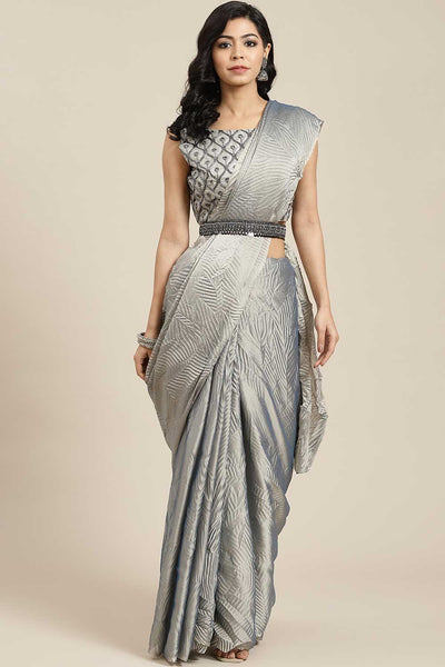 Buy Trina Grey Thin Pleats Crushed Georgette One Minute Saree Online - One Minute Saree