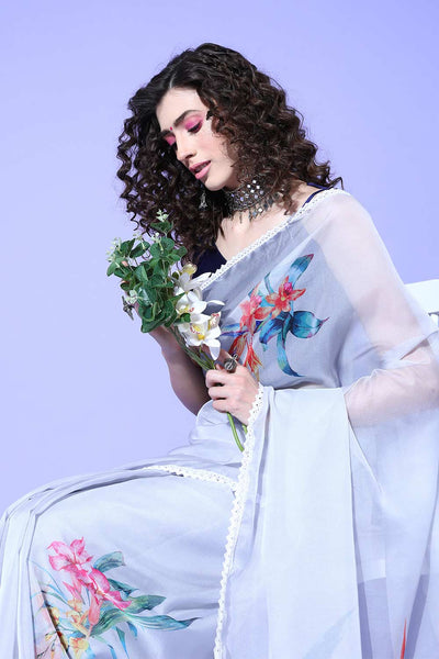 Buy Suri Grey Organza Floral One Minute Saree Online - Back