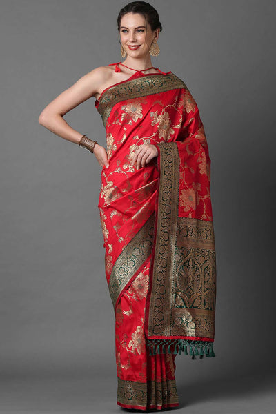 Buy Priyanka Red Zari Woven Blended Silk One Minute Saree Online - One Minute Saree