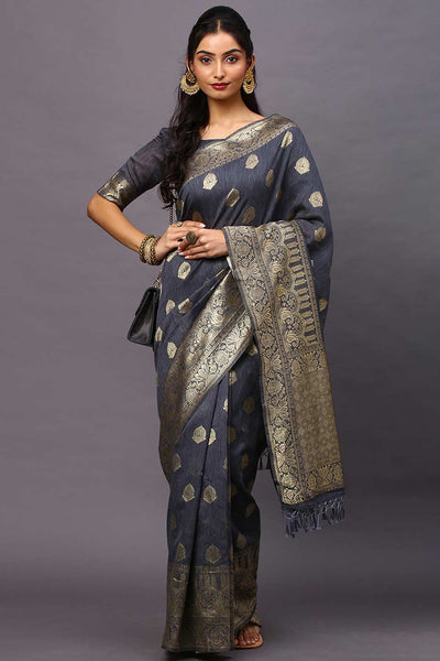 Buy Rekha Grey Silk Blend Floral Woven Design Banarasi One Minute Saree Online - One Minute Saree