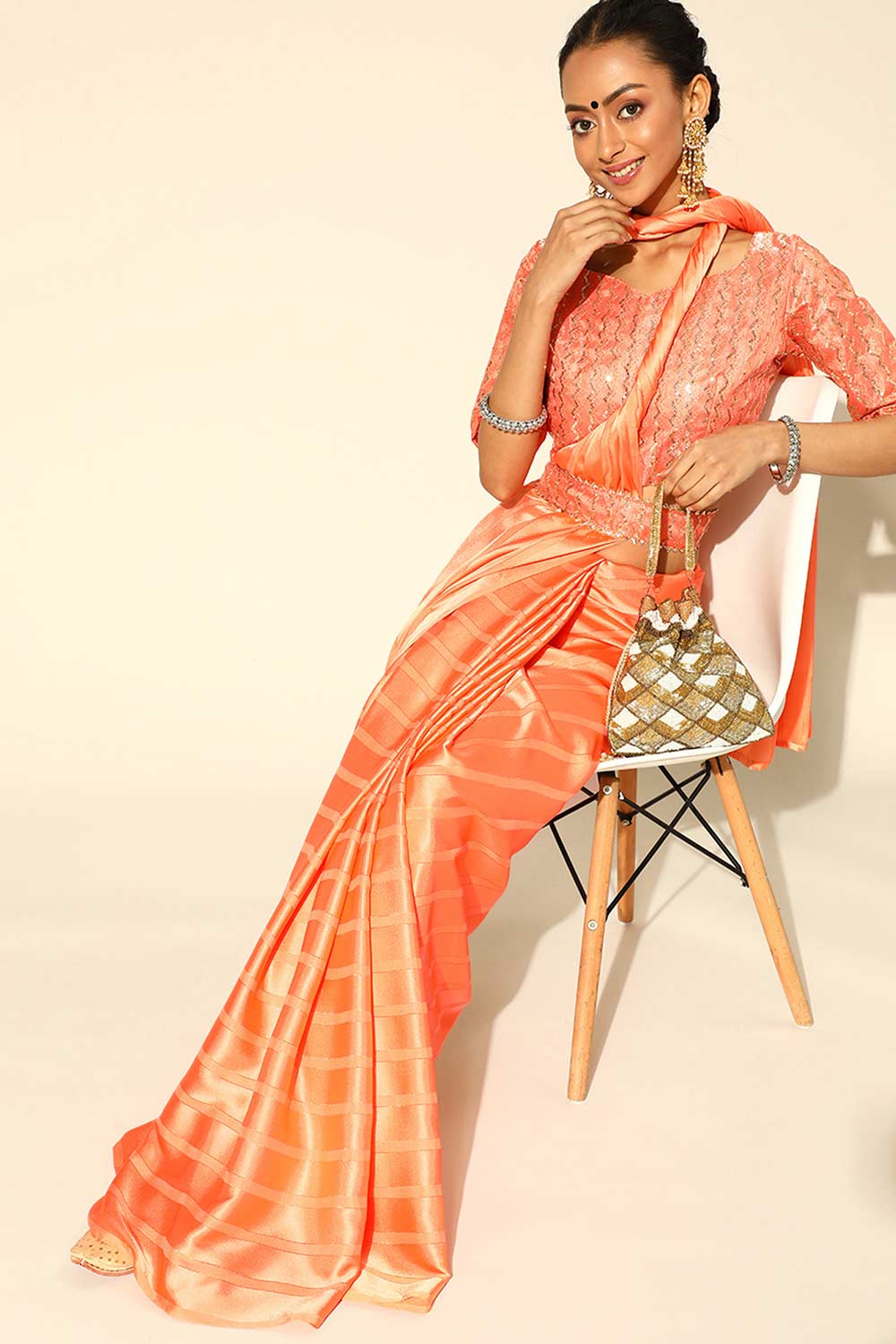 Buy Stephi Orange Satin Stripe Embroidered One Minute Saree Online
