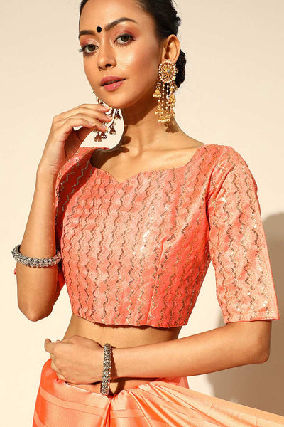 Buy Stephi Orange Satin Stripe Embroidered One Minute Saree Online - Back