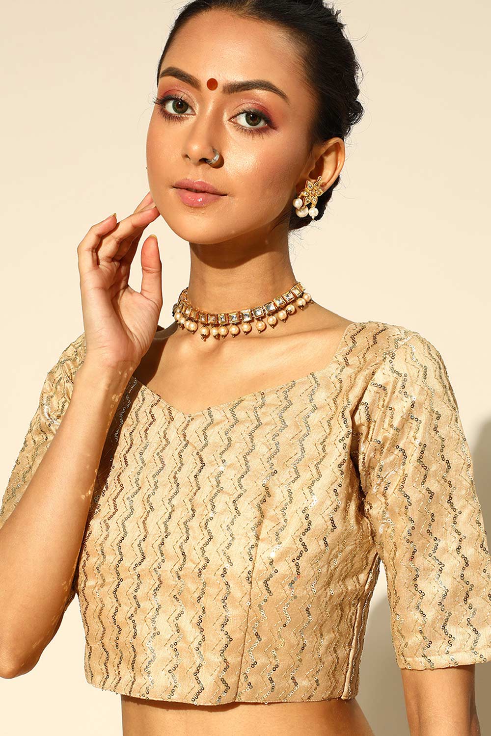 Buy Zeena Cream Satin Stripe Embroidered One Minute Saree Online - Front